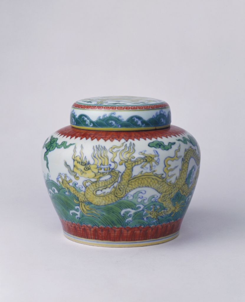 图片[1]-Colorful sea water dragon pattern “sky” shaped cover can-China Archive